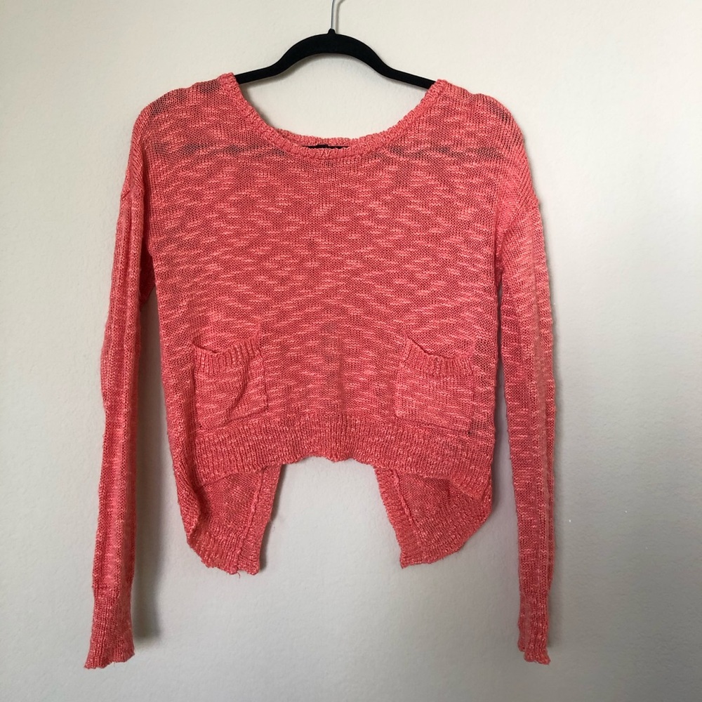 Soft Peach Pink Crop Sweater with Open Back